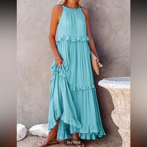 #138 Tiered Ankle Tank Dress, Vocation Backless Halter Neck Dress with Pockets - Picture 8 of 16